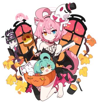 2girls ahoge animal_ear_fluff animal_ears anklet bare_shoulders black_dress blue_archive blue_eyes character_doll closed_mouth collar dog_ears dog_tail doll doodle_sensei_(blue_archive) dress elbow_gloves fingerless_gloves ghost_hair_ornament gloves hairband halloween halloween_bucket halo heterochromia hina_(blue_archive) hoshino_(blue_archive) ideolo jewelry kemonomimi_mode light_blush multiple_girls sensei_(blue_archive) single_bare_foot sleeveless sleeveless_dress solo solo_focus tail toes wings yellow_eyes yume_(blue_archive)