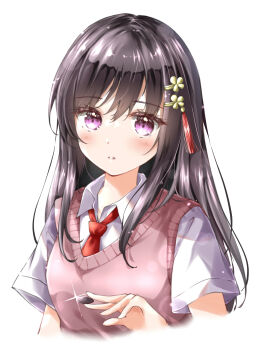 Rule 34 | 1girl, alternate costume, ayaro (genkiloobaii), black hair, blush, board game, breasts, collared shirt, commentary, cropped shirt, eyelashes, glint, go (board game), hair between eyes, hair ornament, hairclip, hand up, heaven burns red, highres, holding go stone, jacket, long hair, looking at viewer, medium breasts, necktie, nikaidou misato, parallel hairclips, parted lips, pink sweater vest, purple eyes, red necktie, school uniform, shirt, short sleeves, sidelocks, simple background, solo, sweater vest, tassel, tassel hair ornament, upper body, white background, white shirt