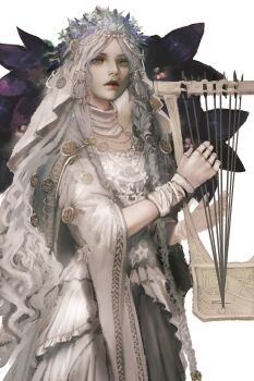 1girl absurdres braid cowboy_shot doll_joints elden_ring elden_ring_nightreign flower flower_wreath graffitigw head_wreath highres holding holding_instrument holding_lyre instrument jewelry joints long_hair looking_to_the_side low_twin_braids lyre revenant_(elden_ring) solo twin_braids veil white_background white_hair white_veil wide_sleeves