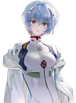1girl ayanami_rei blue_hair bodysuit bodysuit_under_clothes breasts commentary covered_collarbone expressionless eyelashes hair_between_eyes highres hood hood_down hoodie hoodie_over_jumpsuit interface_headset_(evangelion) long_sleeves looking_at_viewer mecha_pilot_suit medium_breasts neon_genesis_evangelion off_shoulder open_clothes open_hoodie pale_skin parted_lips plugsuit_(evangelion) red_eyes ringosan2329 short_hair simple_background solo standing upper_body white_background white_bodysuit