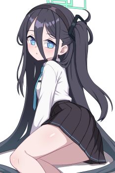 1girl :o absurdly_long_hair aqua_halo aris_(blue_archive) black_hair black_hairband black_skirt blue_archive blue_eyes blue_necktie blush collarbone dot_nose feet_out_of_frame hair_between_eyes hair_over_shoulder hairband halo highres io9 loli long_hair long_sleeves looking_at_viewer looking_to_the_side lying necktie on_ground parted_lips pleated_skirt rectangular_halo ringed_eyes shirt shirt_tucked_in side_ponytail simple_background skirt solo thighs very_long_hair white_background white_shirt
