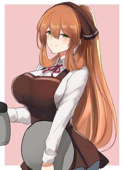 10eki_(tenchou) 1girl absurdres alternate_costume apron blush breasts brown_hair coffee_pot collared_shirt cowboy_shot female_focus girls'_frontline green_eyes hair_between_eyes hair_ribbon hair_rings highres holding holding_pot holding_tray large_breasts long_hair looking_at_viewer neck_ribbon outside_border pants ponytail pot ribbon shirt sidelocks simple_background smile solo springfield_(girls'_frontline) tray white_shirt