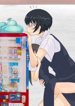 1futa 1girl absurdres age_difference black_hair blush carrying carrying_person condom dress futa_with_female futanari glasses grey_eyes hiding highres implied_futanari loli long_hair machine multiple_girls school_uniform sex shirt short_hair size_difference stealth_sex thighs tin64702539 used_condom vending_machine