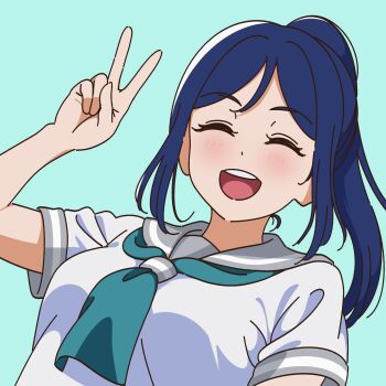 1girl arm_up asymmetrical_bangs blue_hair blush breasts close-up closed_mouth green_background green_necktie grey_sailor_collar head_tilt highres looking_at_viewer love_live! love_live!_sunshine!! matsuura_kanan necktie nose one_eye_closed open_mouth ponytail sailor_collar school_uniform serafuku short_sleeves simple_background sleeve_cuffs smile solo summer_uniform teeth upper_teeth_only uranohoshi_school_uniform uyu1023 v