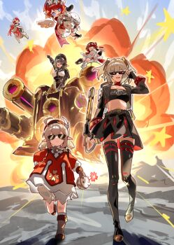 Rule 34 | 6+girls, adjusting eyewear, ahoge, ancient greek clothes, angel wings, beret, black hairband, black jacket, black skirt, black thighhighs, black tube top, blonde hair, blue sky, boots, brown hair, burnice white, canons, crossover, dress, explosion, flamethrower, flying, genshin impact, grape (grapedraws), greco-roman clothes, hairband, hat, head wreath, holding, holding flamethrower, holding weapon, honkai: star rail, honkai (series), honkai impact 3rd, jacket, klee (genshin impact), midriff, mihoyo, miniskirt, multiple crossover, multiple girls, pointy ears, red-tinted eyewear, red hair, riding, rocket, short hair, skirt, sky, smile, strapless, sunglasses, thigh boots, thighhighs, tinted eyewear, top hat, trianne (honkai: star rail), tribbie (honkai: star rail), trinnon (honkai: star rail), tube top, vill-v, weapon, white dress, white hair, winged boots, wings, zenless zone zero
