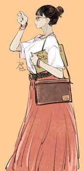 1girl bad_id bad_twitter_id bag belt black_belt black_hair black_nails blush bracelet breasts brown_bag chichi8181 choppy_bangs earrings from_side glasses hair_bun hand_up highres holding holding_sketchbook jewelry long_skirt medium_breasts necklace orange_background original profile red_eyes red_skirt shirt short_hair short_sleeves shoulder_bag simple_background single_hair_bun sketchbook skirt solo standing stud_earrings white_shirt