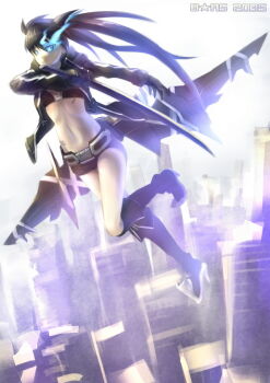 barcode barcode_tattoo belt black_hair black_jacket black_rock_shooter black_rock_shooter_(game) black_shorts blue_fire boots building city fire flaming_eye flying glowing glowing_eye jacket koneko long_hair mechanical_wings no_shirt shorts stella_(black_rock_shooter) sword tattoo twintails uneven_twintails weapon wings