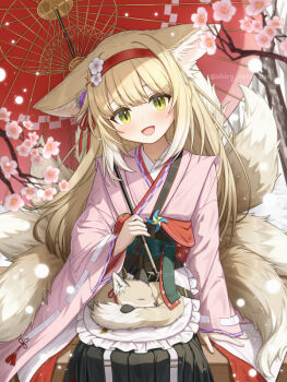 1girl animal_ears apron arknights black_hakama blonde_hair commentary_request flower fox fox_ears fox_girl fox_tail frilled_apron frills green_eyes hair_ornament hairband hakama hakama_skirt japanese_clothes kimono kitsune kyuubi long_hair long_sleeves multiple_tails official_alternate_costume oil-paper_umbrella on_lap paid_reward_available partial_commentary pink_kimono pinwheel red_hairband red_umbrella shironekoban sitting skirt solo suzuran_(arknights) suzuran_(yukibare)_(arknights) tail umbrella waist_apron white_apron wide_sleeves