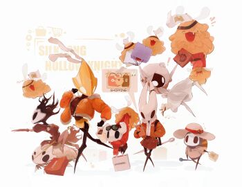 Rule 34 | !, 1boy, 2others, 3girls, :3, alternate costume, back bow, bag, beastling (hollow knight), ben-day dots, black-framed eyewear, black eyes, black sweater, bow, cellphone, closed mouth, coat, commentary, copyright name, dress, english text, fang, flag, flea (hollow knight), flower, fur-trimmed coat, fur trim, grey dress, hair flower, hair ornament, hand in pocket, hat, hat ribbon, highres, hightguy, holding, holding bag, holding phone, holding sewing needle, holding weapon, hollow knight, hollow knight: silksong, hornet (hollow knight), horns, knight (hollow knight), lace (hollow knight), long sleeves, looking at viewer, mouth hold, multiple girls, multiple others, needle, needle (hollow knight), open mouth, phantom (hollow knight), phone, pin (hollow knight), pinstress (hollow knight), pointing, purple bag, red bag, red bow, red coat, red ribbon, red scarf, red skirt, ribbon, riding, riding animal, scarf, screentones, second sentinel (hollow knight), sewing needle, shadow, sherma (hollow knight), shirt, shopping bag, short sleeves, shoulder strap, skirt, smile, sun hat, sunglasses, sweater, text messaging, unzipped, weapon, weapon strap, white background, white bag, white bow, white dress, white flag, white flower, white hat, white mask, white shirt, zipper, zipper pull tab