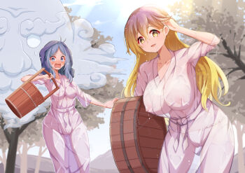 1boy 2girls alternate_costume artist_name blonde_hair blue_eyes blue_hair blush breasts bucket commentary_request commission fundoshi futa_(nabezoko) gradient_hair hijiri_byakuren hood japanese_clothes kimono kumoi_ichirin large_breasts long_hair long_sleeves looking_at_viewer medium_breasts multicolored_hair multiple_girls nipples open_mouth see-through_clothes skeb_commission smile touhou variant_set very_long_hair watermark wet wet_clothes white_kimono wooden_bucket yellow_eyes