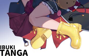 1girl animal_bag bear_bag black_coat black_tail blue_archive boots character_name chinese_commentary coat commentary_request crime_prevention_buzzer demon_tail gehenna_academy_logo highres ibuki_(blue_archive) lower_body painterliuhao partial_commentary solo tail yellow_boots