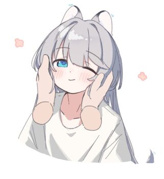 1girl 1other animal_ears blue_eyes blush closed_mouth collarbone commentary cropped_torso disembodied_hand grey_hair hands_on_another's_face long_hair motion_lines one_eye_closed original riya_(01214) shirt simple_background solo_focus symbol-only_commentary tail upper_body white_background white_shirt wolf_ears wolf_girl wolf_tail