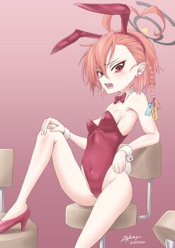 1girl absurdres ahoge animal_ear_hairband animal_ears asymmetrical_hair bare_legs blue_archive bow bowtie braid breasts covered_navel detached_collar fake_animal_ears hairband high_heels highleg highleg_leotard highres huge_ahoge leotard maco_tie mole mole_under_each_eye mole_under_eye multiple_moles neru_(blue_archive) neru_(bunny)_(blue_archive) orange_hair playboy_bunny rabbit_ears rabbit_tail red_bow red_bowtie red_eyes red_leotard red_shoes shoes short_hair single_braid small_breasts solo stool strapless strapless_leotard tag tail wrist_cuffs