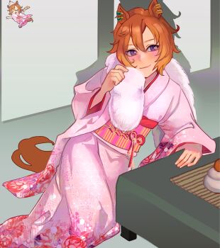 1girl absurdres alternate_costume animal_ears blush breasts closed_mouth dungeonbgm ear_ornament hair_between_eyes highres horse_ears horse_girl horse_tail japanese_clothes kimono long_sleeves looking_at_viewer orange_hair orange_tail pink_kimono pink_sash purple_eyes sash scarf short_hair smile t.m._opera_o_(umamusume) tail umamusume white_scarf