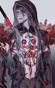 1boy absurdres blood blood_on_clothes blood_on_face blue_hair chinese_commentary commentary_request cu_chulainn_(fate) cu_chulainn_alter_(fate) detached_hood earrings facepaint fate/grand_order fate_(series) gloves highres holding holding_polearm holding_weapon hood hood_up jewelry long_hair male_focus open_mouth pectorals polearm ponytail red_eyes solo span_(shibanyu63868) tattoo upper_body weapon