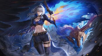 1girl absurdres ahoge angelo_(angeloart26) asymmetrical_wings black_jacket black_shorts blue_bra blue_hair bra chimera_(wuthering_waves) colored_inner_hair commentary criss-cross_straps cropped_jacket english_commentary galbrena_(wuthering_waves) grey_hair gun highres holding holding_gun holding_weapon jacket multicolored_hair navel shorts single_leg_pantyhose single_thighhigh single_wing solo standing thighhighs underwear weapon wings wuthering_waves