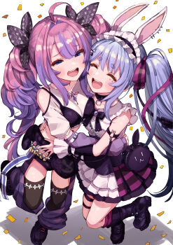 2girls absurdres ahoge animal_ear_piercing animal_ears arm_warmers asymmetrical_sleeves bag black_boots black_bow black_bowtie black_bra black_collar blue_hair blush boots bow bowtie bra closed_eyes collar extra_ears feathered_wings fishnet_socks fishnets frilled_shirt frilled_skirt frills gradient_hair hair_ribbon highres hololive hololive_dev_is jewelry kikirara_vivi knee_boots layered_skirt layered_sleeves long_hair long_sleeves looking_at_another miniskirt multicolored_hair multiple_girls nanado_shion official_alternate_costume official_alternate_hairstyle open_mouth pink_hair purple_arm_warmers purple_ribbon purple_shirt purple_skirt purple_socks rabbit_ears rabbit_girl ribbon shirt short_sleeves shoulder_bag sidelocks single_sleeve_past_wrist skirt sleeveless sleeveless_shirt smile socks spiked_collar spikes symbol-shaped_pupils t-shirt teeth thick_eyebrows thigh_strap twintails underwear uneven_sleeves upper_teeth_only usada_pekora usada_pekora_(11th_costume) very_long_hair virtual_youtuber white_hair white_headdress white_shirt white_skirt wings