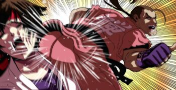 Rule 34 | 1boy, 1girl, artist name, ass, attack, braid, braided ponytail, breasts, brown eyes, brown hair, capcom, capcom vs. snk, closed eyes, crossover, dougi, fingerless gloves, gloves, headband, hibiki dan, highres, hip attack, japanese clothes, legs, long hair, looking at viewer, low ponytail, medium breasts, open mouth, pants, ponytail, raydash30, red headband, ryuuko no ken, smile, snk, street fighter, street fighter iv (series), teeth, the king of fighters, thighs, thumbs up, tongue, yuri sakazaki