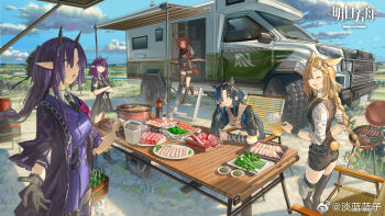 5girls animal_ears arknights beagle_(arknights) beagle_(dreadnaught)_(arknights) black_dress black_necktie black_vest blonde_hair blue_eyes blue_hair bottle box breasts camping chair chinese_commentary closed_eyes closed_mouth cloud collared_shirt commentary_request copyright_logo copyright_name copyright_notice cup day demon_horns dress fang_(arknights) fang_the_fire-sharpened_(arknights) field food goggles goggles_on_head grass grill hibiscus_(arknights) hibiscus_the_purifier_(arknights) horns horse_ears horse_girl kroos_(arknights) kroos_the_keen_glint_(arknights) lanzi_(415460661) lava_(arknights) lava_the_purgatory_(arknights) logo long_hair looking_at_another motor_vehicle multiple_girls necktie official_alternate_costume official_art open_mouth outdoors plate pointy_ears purple_eyes purple_hair rabbit_ears rabbit_girl raw_meat salad shirt sitting sky slice_of_life smile standing table van vest watermark weibo_watermark white_shirt