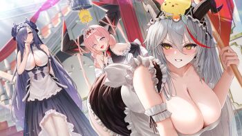 3girls absurdres aegir_(azur_lane) aegir_(iron_blood&#039;s_dragon_maid)_(azur_lane) apron august_von_parseval_(azur_lane) august_von_parseval_(the_conquered_unhulde)_(azur_lane) azur_lane bent_over between_breasts black_horns breasts clothing_cutout commentary_request curled_horns demon_horns dress frilled_apron frills grey_hair hair_between_eyes hair_on_horn hair_over_one_eye highres horns huge_breasts huge_horns indoors iori_(nanonamuco) large_breasts long_hair looking_at_viewer maid_headdress manjuu_(azur_lane) mechanical_horns multicolored_hair multiple_girls official_alternate_costume pink_hair prinz_rupprecht_(azur_lane) purple_eyes purple_hair red_streaks slit_pupils strap_between_breasts streaked_hair two-tone_dress underboob_cutout very_long_hair white_apron yellow_eyes