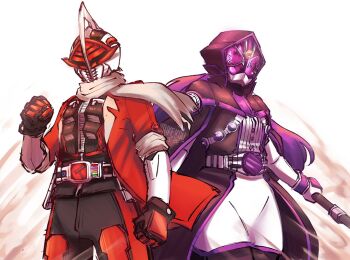 1boy 1girl black_robe bodysuit character_request cowboy_shot den-o_belt fern_(sousou_no_frieren) helmet hooded_robe jacket kamen_rider kamen_rider_den-o kamen_rider_den-o_(ax_form) kamen_rider_den-o_(series) open_clothes open_jacket purple_helmet red_eyes red_helmet robe saikekuu sousou_no_frieren the_white_wizard tokusatsu white_bodysuit wizardriver
