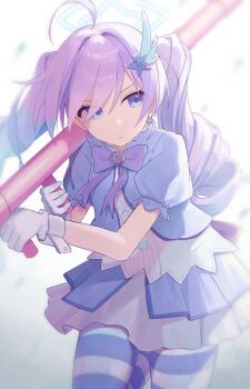 1girl blue_archive bow commentary_request gloves hair_ornament halo highres holding_bazooka looking_to_the_side magical_girl negimasandayo pantyhose puffy_short_sleeves puffy_sleeves purple_bow purple_eyes purple_hair reisa_(blue_archive) reisa_(magical)_(blue_archive) serious short_sleeves sideways_glance solo star_(symbol) star_hair_ornament star_halo striped_clothes striped_pantyhose two-tone_pantyhose white_gloves wing_hair_ornament