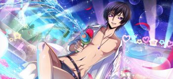 1boy code_geass code_geass:_lost_stories f4samurai game_cg happy highres holding jewelry lelouch_vi_britannia looking_at_viewer male_focus necklace official_art open_clothes open_mouth shirt smile solo swimsuit teeth water white_shirt