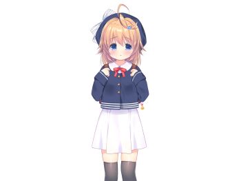1girl ahoge backpack bag black_thighhighs blonde_hair blue_eyes blue_hat blue_jacket blush bow bowtie chishima_mako closed_mouth feet_out_of_frame game_cg hair_ornament hands_up hat hat_bow heart heart_hair_ornament jacket large_variant_set long_sleeves looking_at_viewer medium_hair non-web_source piyodera_mucha red_bow red_bowtie school_uniform shirt simple_background solo soushisouai_lolita_no_seikatsu standing striped_bow tachi-e thighhighs transparent_background variant_set white_bow white_shirt zettai_ryouiki