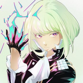 1boy androgynous ascot belt bishounen black_gloves black_jacket blonde_hair darkgreyclouds earrings fire gloves green_hair half_gloves jacket jewelry lio_fotia looking_at_viewer male_focus promare purple_eyes pyrokinesis short_hair simple_background solo