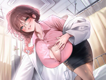 1girl absurdres air_conditioner all_fours bed black-framed_eyewear black_skirt blush braid braided_ponytail breasts brown_hair brown_pantyhose bursting_breasts button_gap ceiling ceiling_light cleavage coat collarbone collared_shirt curtains flower glasses grin hair_over_shoulder hand_on_own_chest highres huge_breasts indoors infirmary lab_coat large_breasts long_hair long_sleeves looking_at_viewer medium_hair miniskirt off_shoulder office_lady open_clothes open_coat original pantyhose parted_lips partially_unbuttoned pencil_skirt pink_shirt shirt sino42 skirt smile solo white_coat window