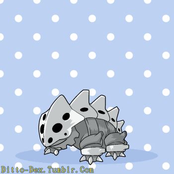 Rule 34 | artist name, blue background, ditto, gen 1 pokemon, gen 3 pokemon, lairon, madame quin, nintendo, no humans, pokemon, pokemon (creature), polka dot, polka dot background, solo, transformed ditto, tumblr username, watermark, web address