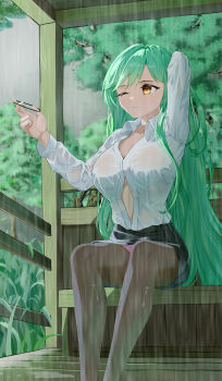 1girl absurdres azur_lane bench black_skirt breasts brown_pantyhose collared_shirt feet_out_of_frame green_hair hand_in_own_hair highres jamjam korean_commentary large_breasts littorio_(azur_lane) littorio_(sitting_in_the_rain)_(azur_lane) long_hair long_sleeves office_lady official_alternate_costume one_eye_closed outdoors panties pantyhose pantyshot pencil_skirt pink_panties rain see-through_clothes see-through_shirt shirt skirt solo tree underwear very_long_hair water_drop wet wet_clothes wet_shirt white_shirt wooden_bench yellow_eyes