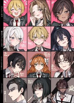 6+boys 6+girls arms_up black_choker black_hair blonde_hair blue_eyes bow brown_eyes brown_hair brown_hairband brown_sweater chart chest_harness choker collared_shirt don_quixote_(project_moon) faust_(project_moon) green_eyes gregor_(project_moon) hair_bow hairband hand_up harness heathcliff_(project_moon) highres hong_lu_(project_moon) ishmael_(project_moon) limbus_company long_hair meursault_(project_moon) mu46016419 multiple_boys multiple_girls necktie open_mouth orange_hair outis_(project_moon) parted_bangs pink_background project_moon red_necktie ribbed_sweater rodion_(project_moon) rope ryoshu_(project_moon) shirt short_hair sidelocks simple_background sinclair_(project_moon) sweater translation_request very_long_hair white_bow white_hair white_shirt yellow_eyes yi_sang_(project_moon)