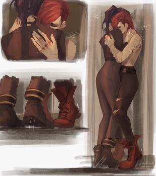 2girls arcane:_league_of_legends arcane_caitlyn arcane_vi arm_tattoo bare_arms black_footwear black_pants black_shirt boots caitlyn_(league_of_legends) closed_eyes commentary english_commentary english_text hand_on_another's_back hand_on_another's_neck hand_on_another's_shoulder highres injury league_of_legends leg_between_thighs long_hair multiple_girls pants purple_hair red_footwear red_hair shirt speech_bubble tattoo vi_(league_of_legends) wrist_wrap yuri zoulnova