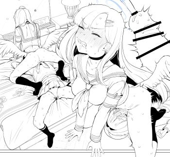 1futa 1girl absurdres armband ass bar_censor blue_archive blush bottomless breasts censored choker clenched_teeth closed_eyes cum cum_in_mouth cum_on_body cum_overflow erection facial fellatio futa_with_female futanari greyscale hair_ornament hairclip halo highres ichika_(blue_archive) inchore indoors irrumatio justice_task_force_member_(blue_archive) kneehighs long_sleeves low_wings lying medium_breasts monochrome no_shoes on_back on_bed oral panties penis pleated_skirt shirt skirt socks sweat teeth underwear wings