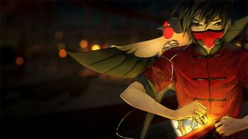 2boys animated animated_gif bird black_hair building capri_pants chain-link_fence chinese_clothes city city_lights cityscape commentary crane_(animal) dark fence from_above kite knite light_particles male_focus mask mouth_mask multiple_boys night pants river rooftop short_hair sky sleeves_rolled_up string yuumei