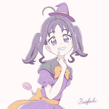 1girl :d ahoge alternate_costume arm_behind_back artist_name black_capelet blush bow bowtie candy capelet commentary dress food frilled_sleeves frills fuefukipiper grin hair_intakes halloween halloween_costume hat highres holding holding_candy holding_food holding_lollipop index_finger_raised kimi_to_idol_precure light_blush lollipop looking_at_viewer medium_hair mini_hat mini_witch_hat open_mouth orange_bow orange_bowtie orange_ribbon pink_background pointing pointing_at_self precure puffy_short_sleeves puffy_sleeves purple_dress purple_eyes purple_hair purple_hat ribbon shigure_kokoro short_sleeves signature simple_background smile solo swirl_lollipop teeth twintails upper_body waist_ribbon witch witch_hat