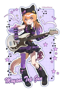 1girl :d absurdres airplane_hair_ornament animal_ear_headwear animal_earrings bead_bracelet beads black_bow black_bowtie black_hat black_skirt blush border bow bowtie bracelet cat_ornament character_name chinese_commentary commentary curly_sidelocks electric_guitar english_text fake_animal_ears fingerless_gloves footwear_bow fretless_bass_guitar fretless_instrument full_body genmaichaovo gloves grid_background guitar hat hat_bow heart_belt_buckle heart_ornament highres holding holding_guitar holding_instrument horse_girl instrument jewelry long_hair looking_at_viewer low_twintails mayano_top_gun_(rockin&#039;_mewmeow)_(umamusume) mayano_top_gun_(umamusume) midriff multicolored_bow musical_note official_alternate_costume official_alternate_hairstyle open_mouth orange_eyes orange_hair outline pumpkin_hat_ornament punk purple_arm_warmers purple_background round_border skirt smile solo sparkle star_(symbol) striped_arm_warmers tail twintails umamusume white_border white_outline