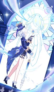 1girl absurdres ahoge asymmetrical_gloves black_gloves black_shoes black_shorts blue_hat blue_jacket blue_theme bubble chinese_commentary closed_eyes commentary_request dianzi_ligui floating floating_object focalors_(genshin_impact) from_side full_body furina_(genshin_impact) genshin_impact gloves hair_between_eyes hand_up hat high_heels highres holding holding_scepter jacket long_sleeves magic mismatched_gloves portrait_(object) profile reflection scepter shoes short_hair shorts socks solo sparkle stained_glass standing top_hat vision_(genshin_impact) white_gloves white_hair white_socks