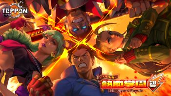 2boys 2girls absurdres antenna_hair aqua_hair baseball_bat blonde_hair blue_eyes breasts brown_hair cammy_white capcom clenched_hand clenched_teeth commentary company_connection crop_top english_commentary fingerless_gloves gloves glowing glowing_eyes head_wings highres ichimonji_batsu justice_gakuen mega_man_(series) mega_man_x_(series) morrigan_aensland multiple_boys multiple_girls official_alternate_costume official_alternate_hairstyle official_art over_shoulder ponytail promotional_art purple_lips sailor_collar school_uniform sigma_(mega_man) street_fighter street_fighter_ii_(series) teeth teppen underboob darkstalkers weapon weapon_over_shoulder wings