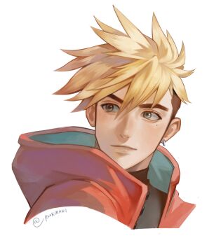 1boy blonde_hair closed_mouth cropped_shoulders earrings green_jacket hair_between_eyes highres hood hood_down hooded_jacket jacket jewelry kookirani looking_to_the_side male_focus multicolored_hair piercing portrait red_jacket short_hair sideways_glance single_earring spiked_hair trigun trigun_stampede twitter_username two-sided_fabric two-sided_jacket two-tone_hair vash_the_stampede