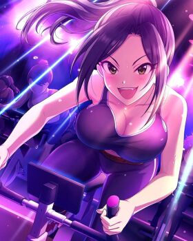 1girl absurdres alternate_hairstyle armpits artist_request bare_shoulders black_hair black_pants black_shirt blush breasts cleavage collarbone crop_top exercising exercise_machine eyelashes faceless faceless_female fang female_focus fingernails gym gym_uniform hair_bun happy highres holding huge_breasts huge_filesize idolmaster idolmaster_cinderella_girls indoors large_breasts light_rays long_hair long_image looking_at_viewer machine midriff mukai_takumi multiple_girls namco navel neck nervous_sweating no_bra official_art open_mouth pants parted_bangs ponytail purple_light red_footwear shirt shoes single_hair_bun sleeveless sleeveless_shirt smile smug sneakers sweat sweatdrop tall_image thighs tight_clothes tight_pants tight_shirt yellow_eyes yoga_pants