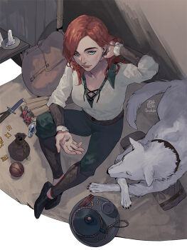 Rule 34 | 1girl, aqua eyes, backpack, bag, baldur's gate, baldur's gate 3, ball, breasts, byuub, candle, cleavage, coin, dagger, dog, dungeons & dragons, dungeons &amp; dragons, earrings, from above, jewelry, knife, long hair, pants, poet shirt, potion, pouch, scratch (baldur's gate), shoes, solo, tav (baldur's gate), weapon