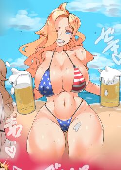 1girl absurdres american_flag american_flag_bikini american_flag_print beach beer_mug bikini blonde_hair blue_eyes blue_sky breasts cleavage cloud commentary_request cowboy_shot cup curvy day drinking_glass flag_print flag_print_bikini gluteal_fold grin hair_over_one_eye highres holding holding_cup huge_breasts long_hair looking_at_viewer mian mug navel one_eye_closed original outdoors partial_commentary print_bikini sky smile solo sound_effects sweat swimsuit thick_thighs thighs