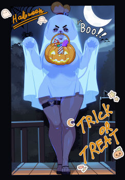 1girl absurdres animal_crossing commentary crescent_moon dog_girl english_text f.b.w furry furry_female ghost halloween highres isabelle_(animal_crossing) jack-o&#039;-lantern looking_at_viewer moon mouth_hold night nintendo nipple_piercing nipples outdoors panties piercing see-through_clothes sheet_ghost solo thick_thighs thighs trick_or_treat underwear