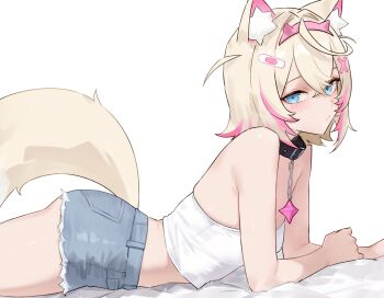 1girl absurdres alternate_costume animal_collar animal_ear_fluff animal_ears ass bandaid bandaid_hair_ornament bare_arms bed_sheet black_collar blonde_hair blue_eyes blue_shorts bluefield braid breasts camisole collar commentary crop_top crossed_bangs denim denim_shorts dog_ears dog_girl double-parted_bangs fake_horns frayed_shorts from_side hair_between_eyes hair_intakes hair_ornament hairband hairclip highres hololive hololive_english horn_hairband horns looking_at_viewer lying midriff mococo_abyssgard multicolored_hair no_tail on_stomach pink_hair pink_hairband short_hair short_shorts shorts side_braids simple_background small_breasts solo spiked_collar spikes streaked_hair two_side_up virtual_youtuber white_background white_camisole x_hair_ornament