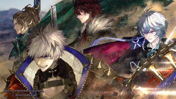 4boys axe black_cape black_gloves black_hair black_jacket black_ribbon black_shirt blue_hair brown_hair cape chest_harness cleavage_cutout clothing_cutout collared_shirt commentary conductor_baton copyright_notice cracked_skin crimzon_ruze crown day dust earclip earrings english_commentary fighting_stance from_side fur-trimmed_jacket fur_trim furrowed_brow gloves goldbullet green_cape grey_hair grin group_picture gun hair_between_eyes handgun harness highres holding holding_axe holding_baton holding_gun holding_weapon holoarmis holostars holostars_english jacket jewelry jurard_t_rexford long_hair looking_ahead looking_to_the_side male_focus mixed-language_commentary mountain multicolored_hair multiple_boys neck_ribbon octavio official_art one_eye_covered otsumami_(bu-bu-heaven) padded_jacket parted_lips pink_cape pink_eyes ponytail profile purple_eyes red_hair red_jacket ribbon rifle serious shirt short_hair shoulder_spikes smile spikes split-color_hair streaked_hair swept_bangs tri_braids two-sided_cape two-sided_fabric two-tone_hair virtual_youtuber weapon white_shirt wind yellow_eyes zipper