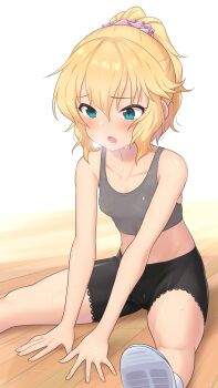 1girl bike_shorts blonde_hair blue_eyes blush bra breasts breath exercising female_focus grey_bra heavy_breathing highres idolmaster idolmaster_cinderella_girls on_floor open_mouth ponytail sakurai_momoka scrunchie sitting small_breasts solo sports_bra sweat underwear wooden_floor yamatatuo
