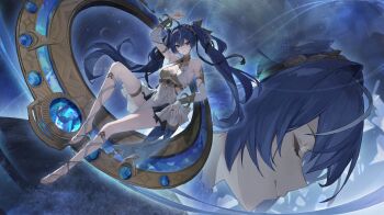 1girl absurdres ancient_greek_clothes arm_up armlet bare_shoulders black_skirt blue_hair breasts cleavage closed_eyes closed_mouth full_body gold_bra greco-roman_clothes hair_belt highres iuno_(wuthering_waves) jewelry laurel_crown leg_wrap medium_breasts miniskirt multicolored_hair multiple_views showgirl_skirt skirt smile streaked_hair thighlet thighs twintails wuthering_waves xuegao_ice