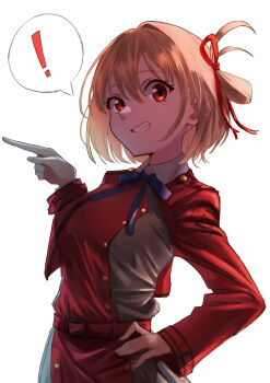 Rule 34 | !, 1girl, :d, \||/, absurdres, belt, blonde hair, buttons, commentary request, cowboy shot, double-breasted, dress, eyelashes, grey dress, grin, hair between eyes, hair intakes, hair ribbon, hand on own hip, hand up, highres, index finger raised, kisaragi yayoi (ksrg yayoi), long sleeves, looking at viewer, lycoris recoil, lycoris uniform, medium hair, nishikigi chisato, one side up, open mouth, red belt, red dress, red eyes, red ribbon, ribbon, simple background, smile, solo, speech bubble, spoken exclamation mark, tareme, two-tone dress, white background